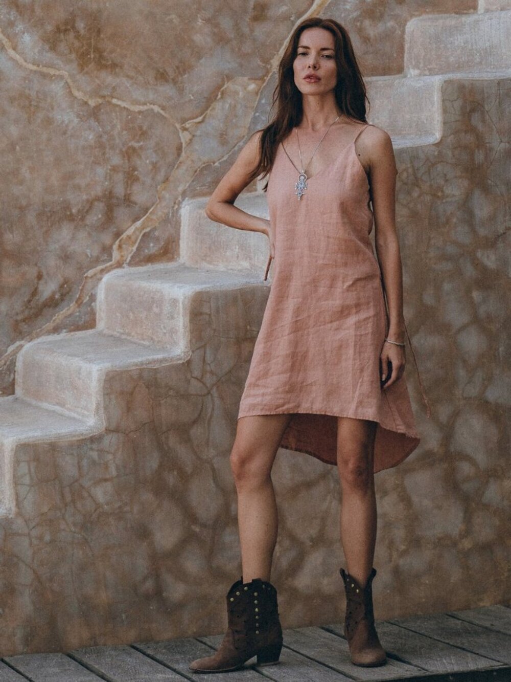 AYA sacred wear pink linen tie low back mini dress